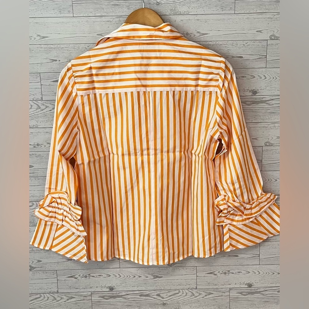 Harshman Selina Cotton Button Front Ruffle-Trim Top Women’s XS Striped Marigold - Picture 9 of 13